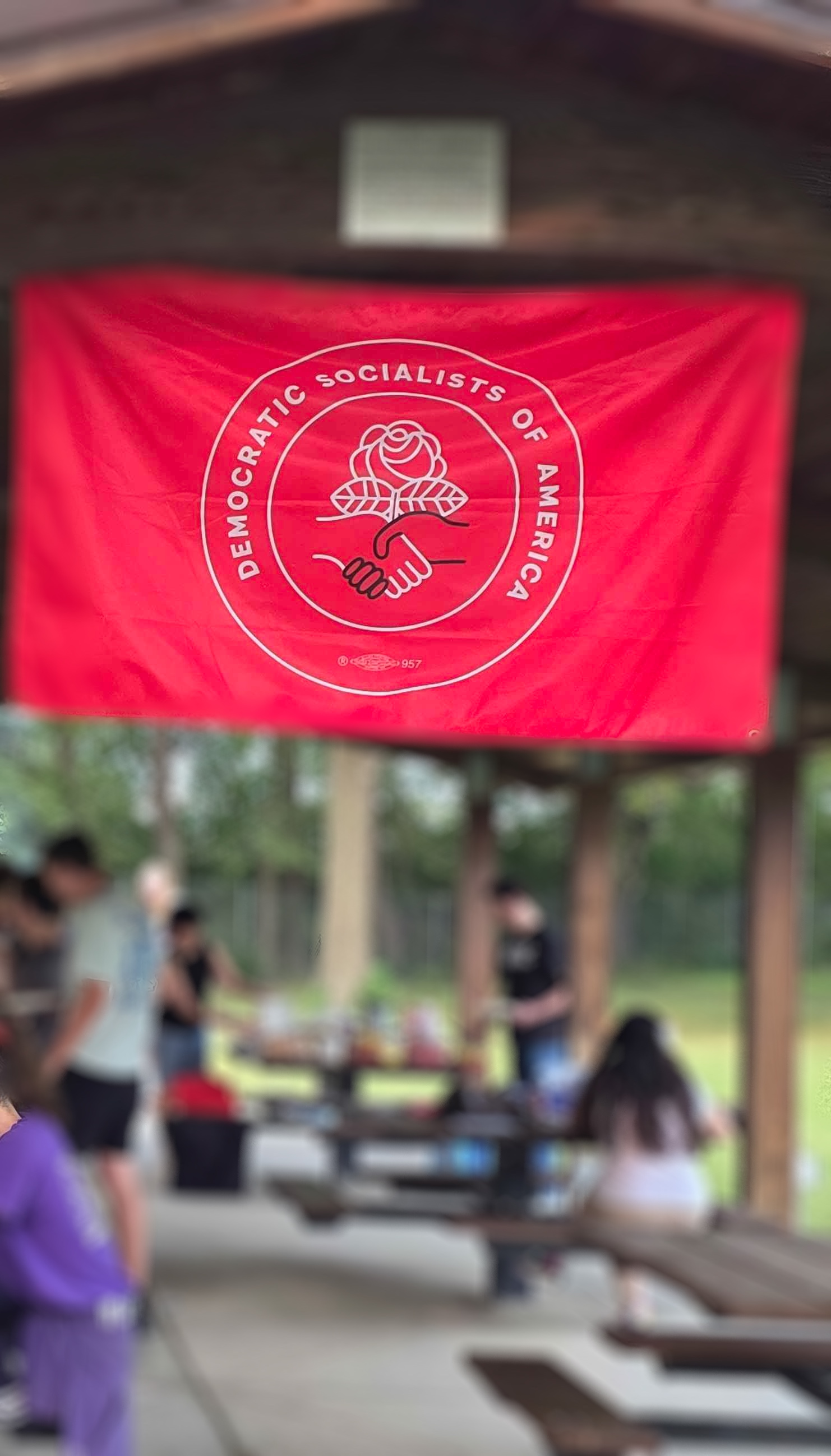 Outdoor shelter house blurred in the background with Democratic Socialists of America red flag in focus haning from shelter.